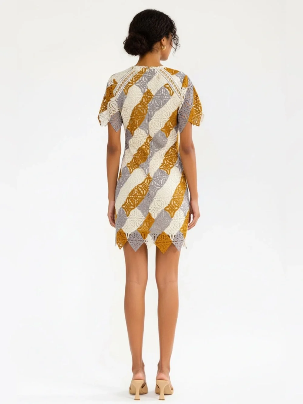 Chevron Lace Mini Dress in Mustard, Gray, and Cream - Picture 2 of 6